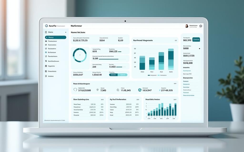 A high-fidelity mockup of the AccuFlow financial dashboard, displaying real-time cash flow, burn rate, and key performance indicators with interactive graphs and tables.