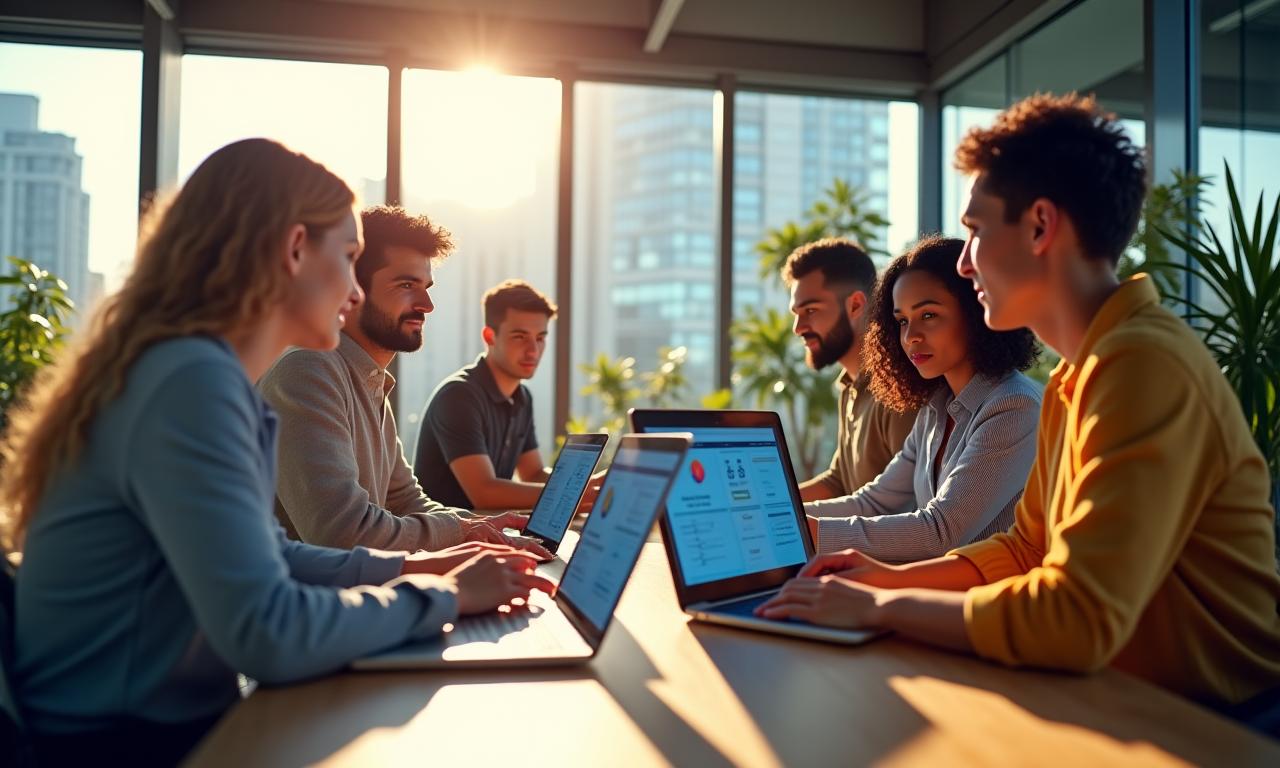 Diverse startup founders collaborating intensely in a modern, sunlit office space, their laptops displaying various startup dashboards.